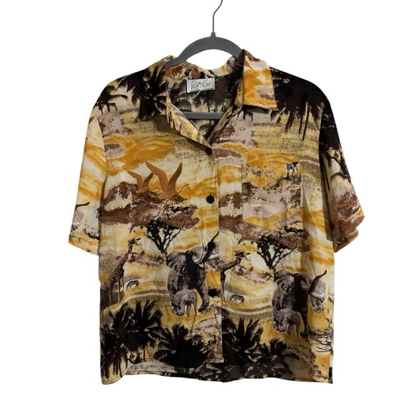 Vintage Kathy Che Safari Elephant Button Up Top - Picture 1 of 5